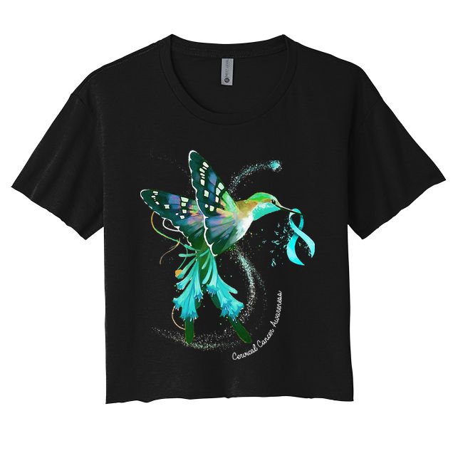 Hummingbird Holding Teal Ribbon Cervical Cancer Awareness Crop Top