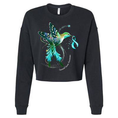 Hummingbird Holding Teal Ribbon Cervical Cancer Awareness Cropped Pullover Crew