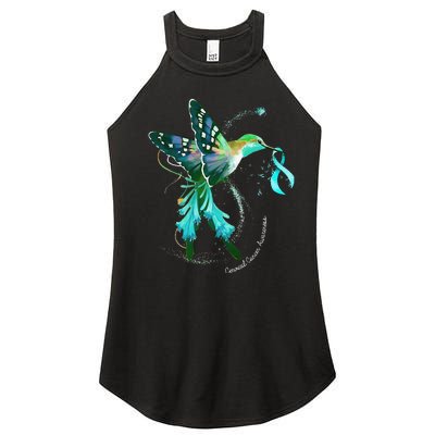 Hummingbird Holding Teal Ribbon Cervical Cancer Awareness Women’s Perfect Tri Rocker Tank