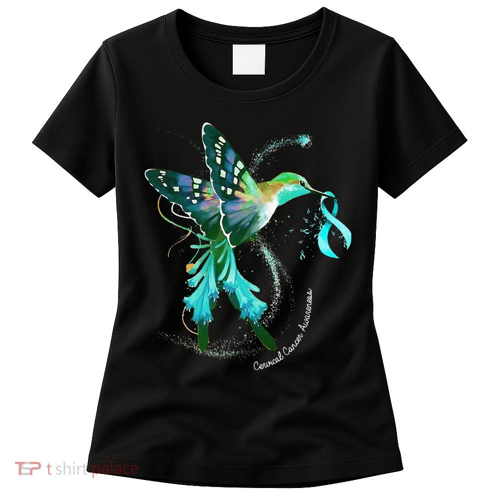 Hummingbird Holding Teal Ribbon Cervical Cancer Awareness Womens T-Shirt