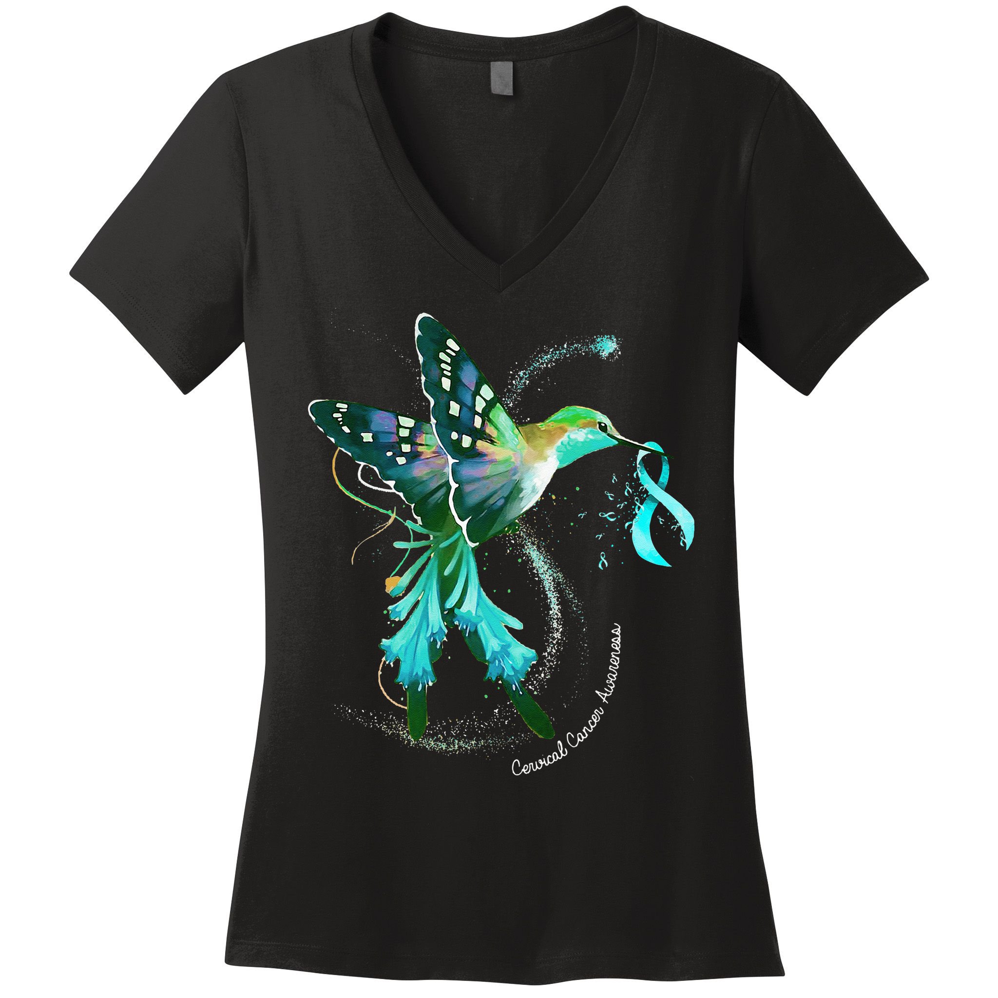 Hummingbird Holding Teal Ribbon Cervical Cancer Awareness Women's V-Neck T-Shirt