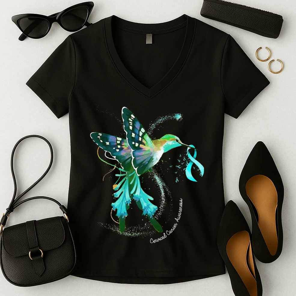 Hummingbird Holding Teal Ribbon Cervical Cancer Awareness Women's V-Neck T-Shirt