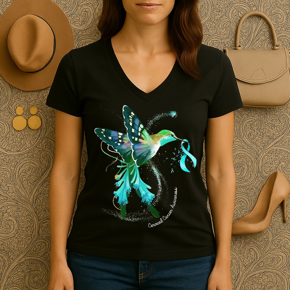 Hummingbird Holding Teal Ribbon Cervical Cancer Awareness Women's V-Neck T-Shirt