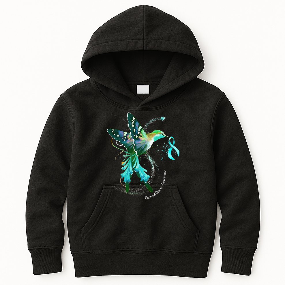 Hummingbird Holding Teal Ribbon Cervical Cancer Awareness Kids Hoodie