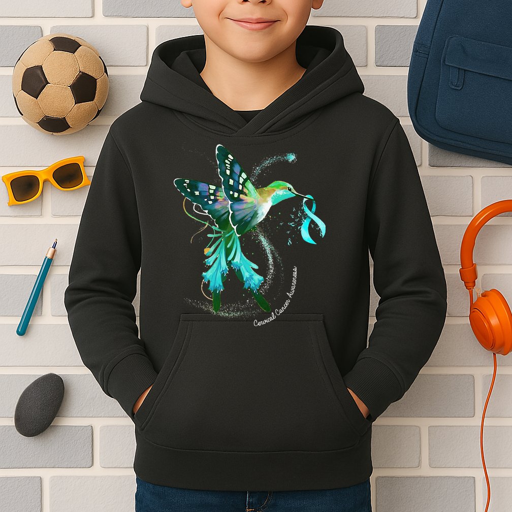 Hummingbird Holding Teal Ribbon Cervical Cancer Awareness Kids Hoodie