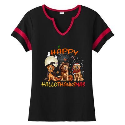 Happy Halloween Thanksgiving Christmas Golden Retriever Xmas Funny Gift Ladies Halftime Notch Neck Tee