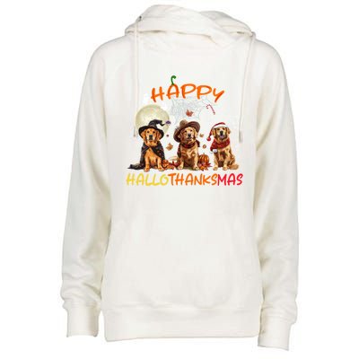 Happy Halloween Thanksgiving Christmas Golden Retriever Xmas Funny Gift Womens Funnel Neck Pullover Hood