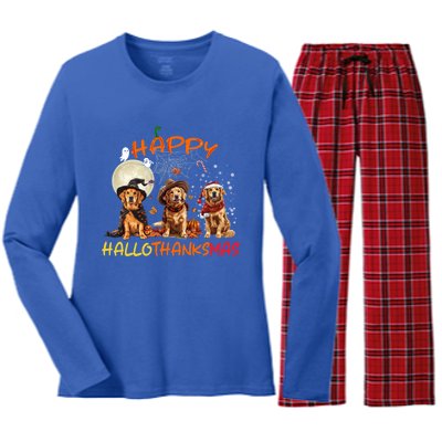 Happy Halloween Thanksgiving Christmas Golden Retriever Xmas Funny Gift Women's Long Sleeve Flannel Pajama Set 