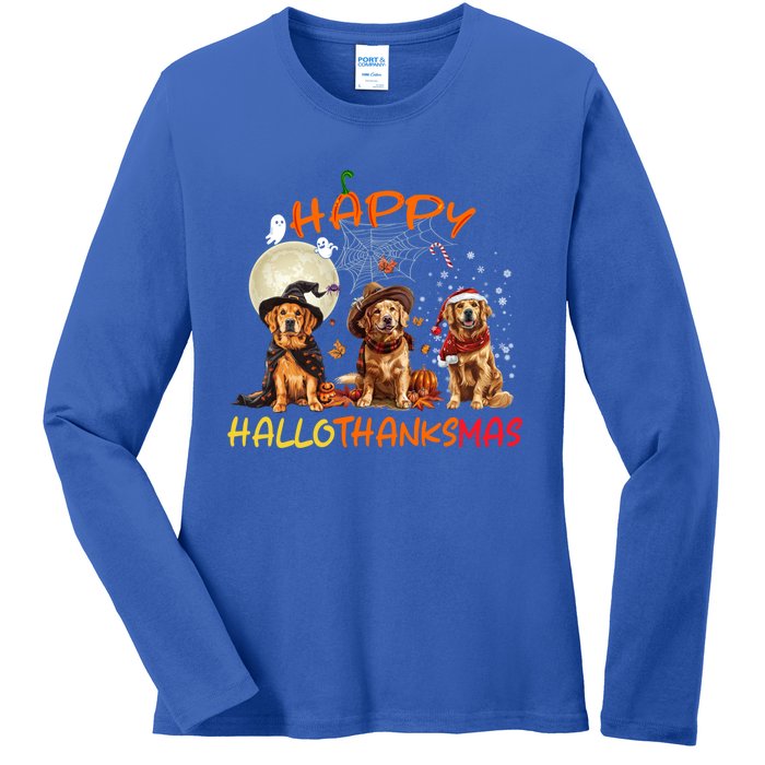 Happy Halloween Thanksgiving Christmas Golden Retriever Xmas Funny Gift Ladies Long Sleeve Shirt