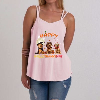 Happy Halloween Thanksgiving Christmas Golden Retriever Xmas Funny Gift Women's Strappy Tank