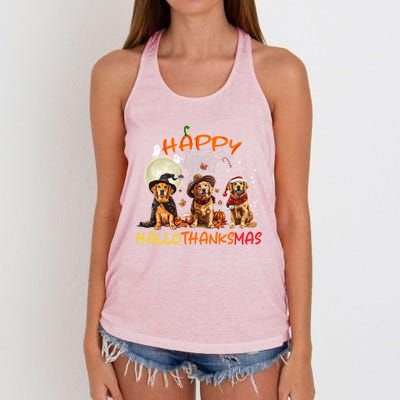 Happy Halloween Thanksgiving Christmas Golden Retriever Xmas Funny Gift Women's Knotted Racerback Tank