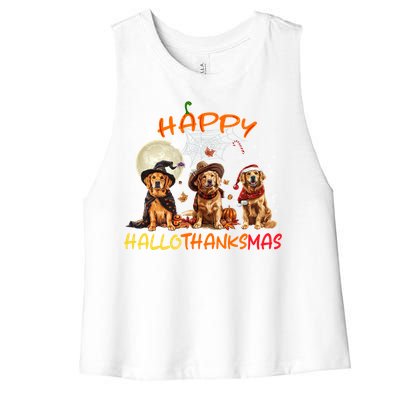 Happy Halloween Thanksgiving Christmas Golden Retriever Xmas Funny Gift Women's Racerback Cropped Tank