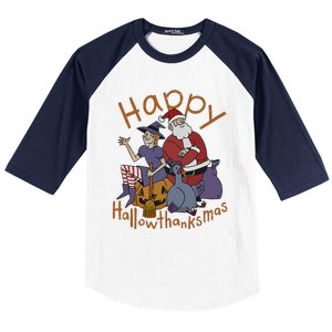 Happy Hallothanksmas Thanksgiving Christmas Santa Claus Xmas Baseball Sleeve Shirt