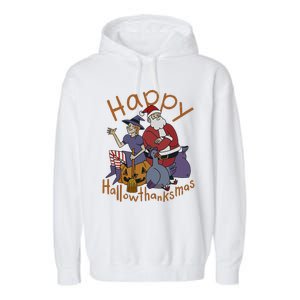 Happy Hallothanksmas Thanksgiving Christmas Santa Claus Xmas Garment-Dyed Fleece Hoodie