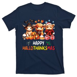 Happy Halloween Thanksgiving Christmas Highland Cow Holiday T-Shirt