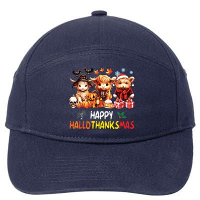 Happy Halloween Thanksgiving Christmas Highland Cow Holiday 7-Panel Snapback Hat