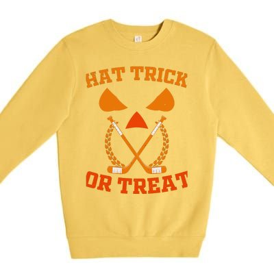 Hockey Hat Trick Or Treat Halloween Funny Premium Crewneck Sweatshirt