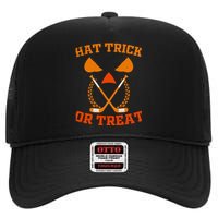 Hockey Hat Trick Or Treat Halloween Funny High Crown Mesh Back Trucker Hat