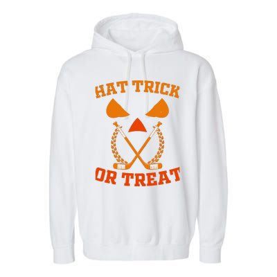 Hockey Hat Trick Or Treat Halloween Funny Garment-Dyed Fleece Hoodie