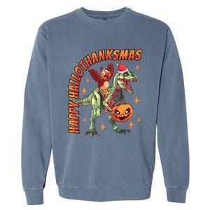 Happy Hallothanksmas Trex Halloween Thanksgiving Christmas Garment-Dyed Sweatshirt