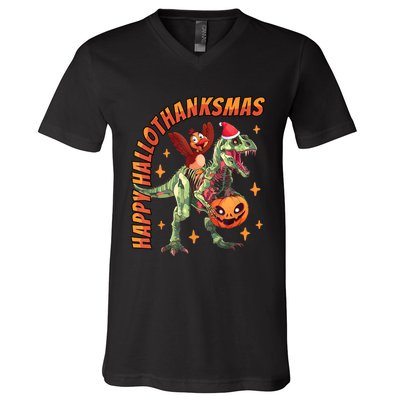 Happy Hallothanksmas Trex Halloween Thanksgiving Christmas V-Neck T-Shirt