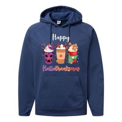 Happy Halloween Thanksgiving Christmas Coffee Lover Performance Fleece Hoodie