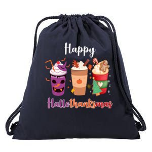 Happy Halloween Thanksgiving Christmas Coffee Lover Drawstring Bag