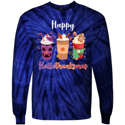 Happy Halloween Thanksgiving Christmas Coffee Lover Tie-Dye Long Sleeve Shirt