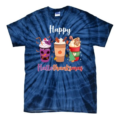 Happy Halloween Thanksgiving Christmas Coffee Lover Tie-Dye T-Shirt