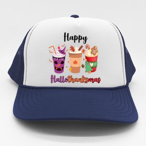 Happy Halloween Thanksgiving Christmas Coffee Lover Trucker Hat