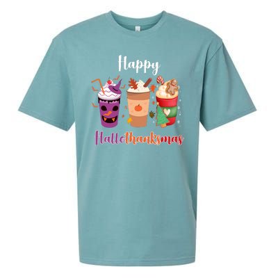 Happy Halloween Thanksgiving Christmas Coffee Lover Sueded Cloud Jersey T-Shirt