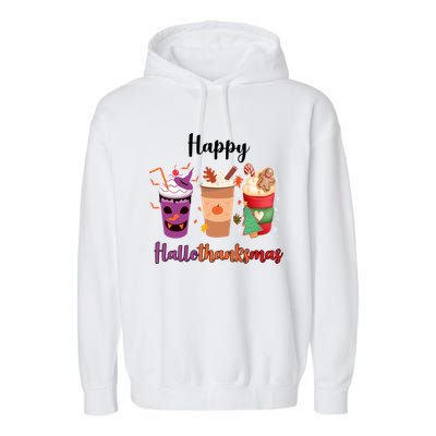 Happy Halloween Thanksgiving Christmas Coffee Lover Garment-Dyed Fleece Hoodie