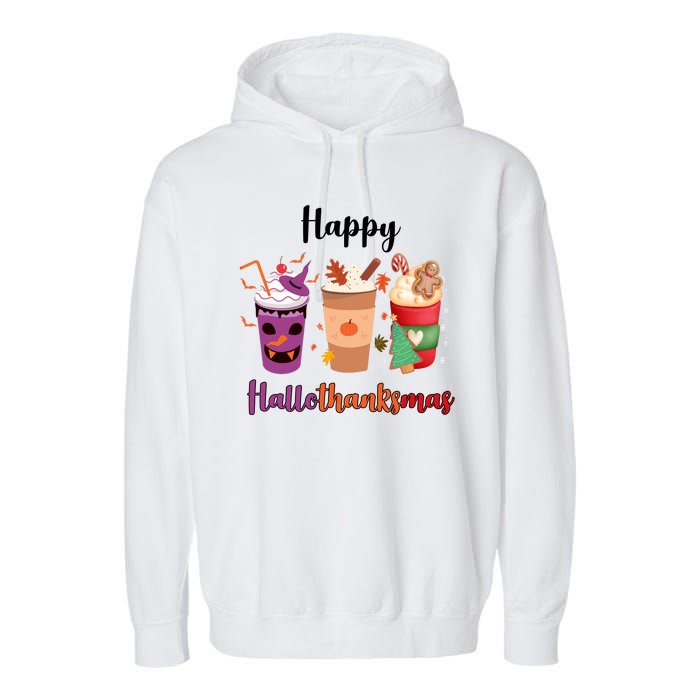 Happy Halloween Thanksgiving Christmas Coffee Lover Garment-Dyed Fleece Hoodie