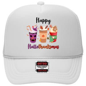 Happy Halloween Thanksgiving Christmas Coffee Lover High Crown Mesh Back Trucker Hat