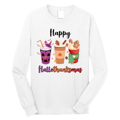 Happy Halloween Thanksgiving Christmas Coffee Lover Long Sleeve Shirt