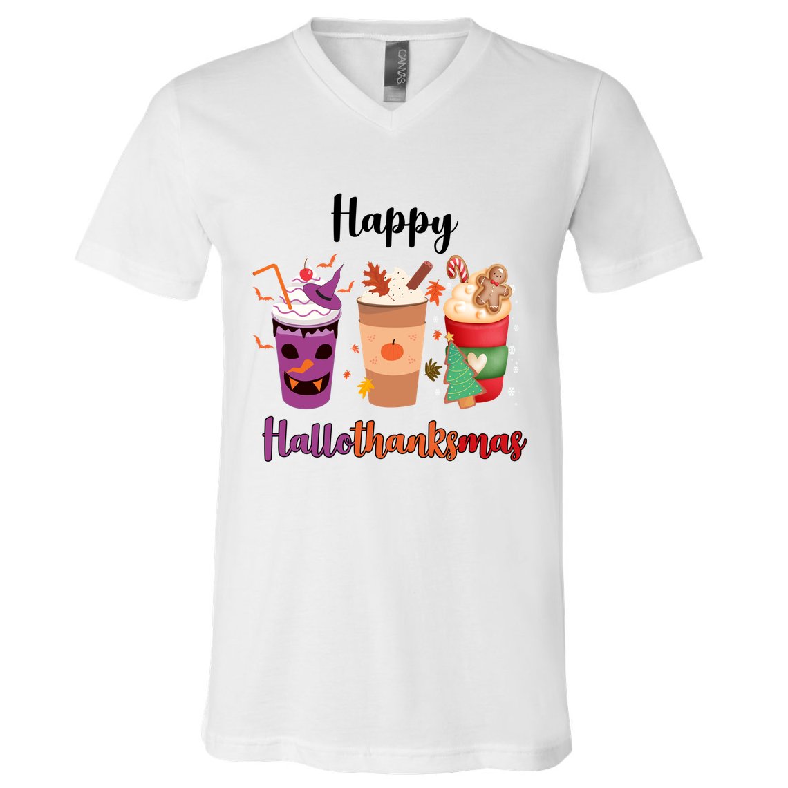 Happy Halloween Thanksgiving Christmas Coffee Lover V-Neck T-Shirt