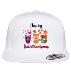 Happy Halloween Thanksgiving Christmas Coffee Lover Flat Bill Trucker Hat