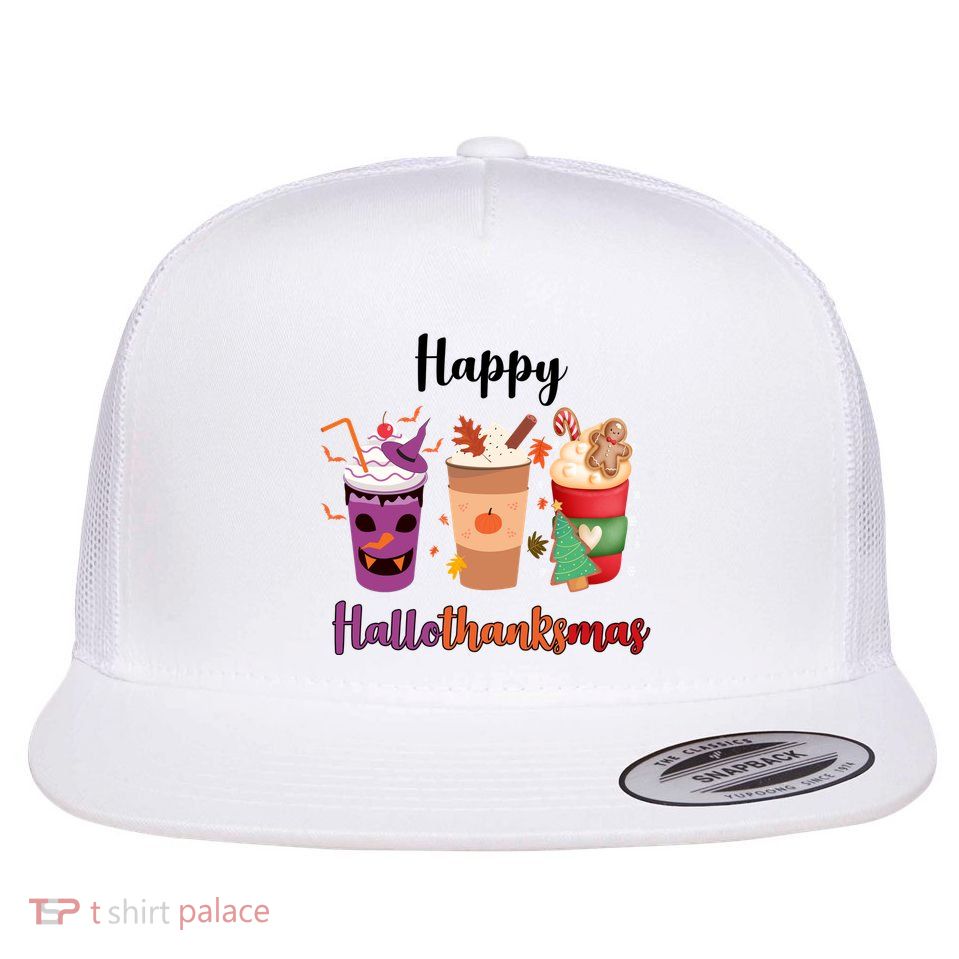 Happy Halloween Thanksgiving Christmas Coffee Lover Flatbill Hat