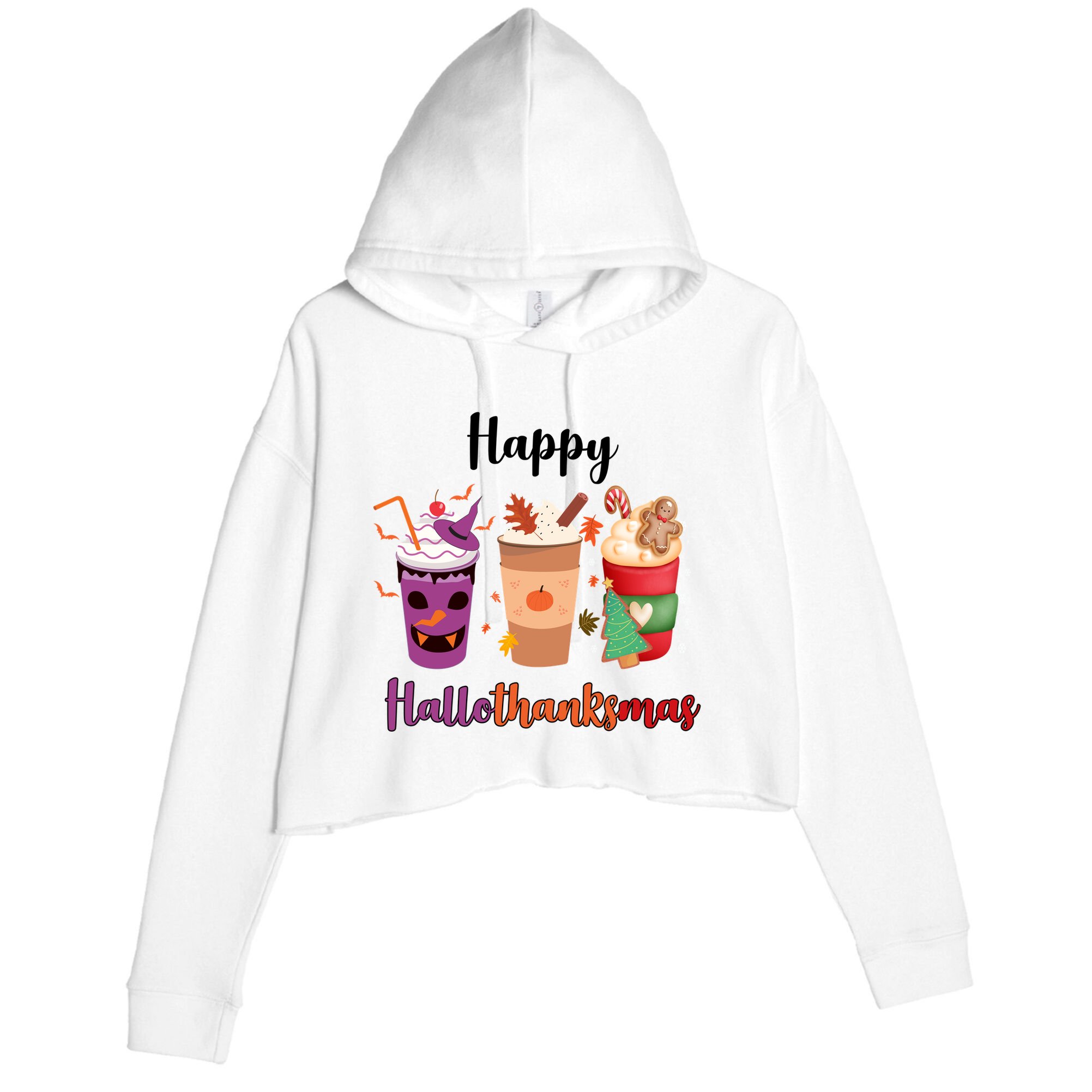 Happy Halloween Thanksgiving Christmas Coffee Lover Crop Fleece Hoodie