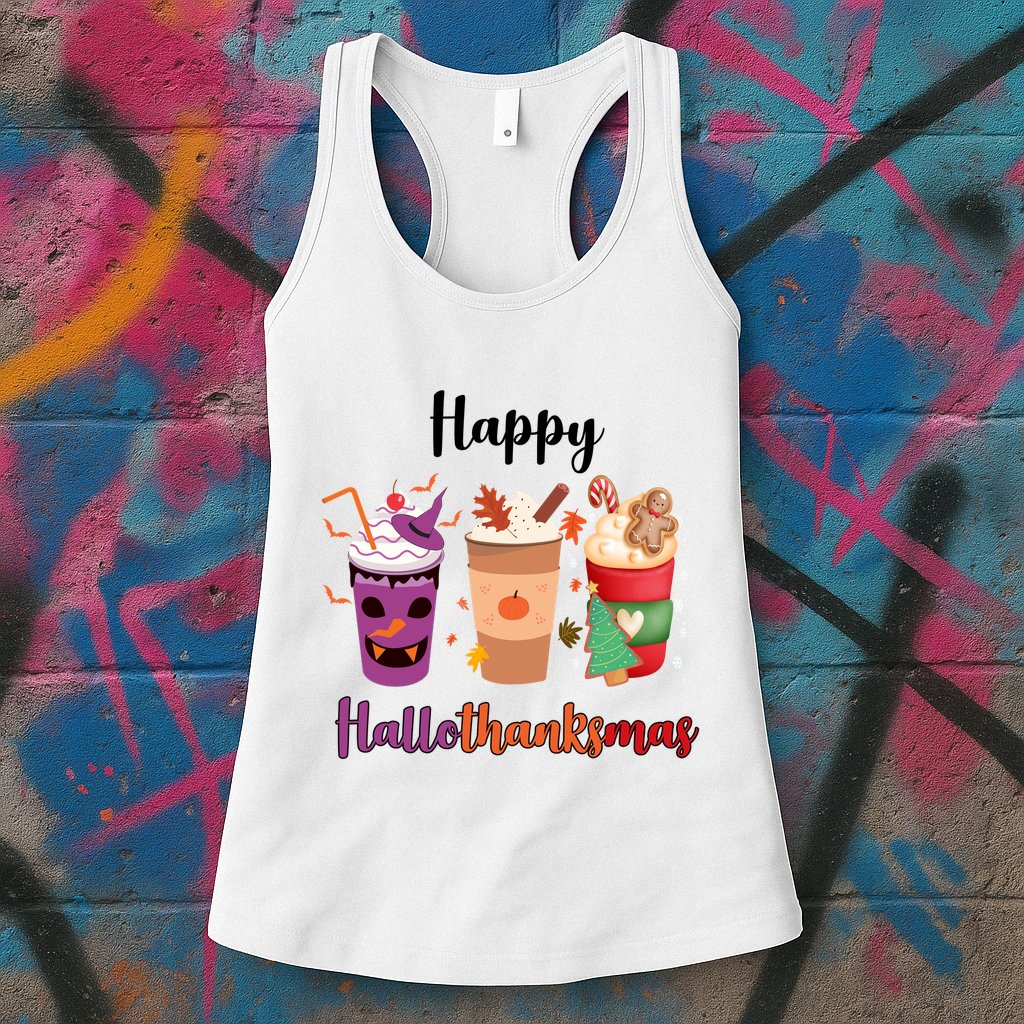 Happy Halloween Thanksgiving Christmas Coffee Lover Womens Tank Top