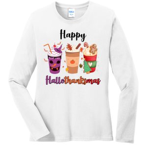 Happy Halloween Thanksgiving Christmas Coffee Lover Ladies Long Sleeve Shirt