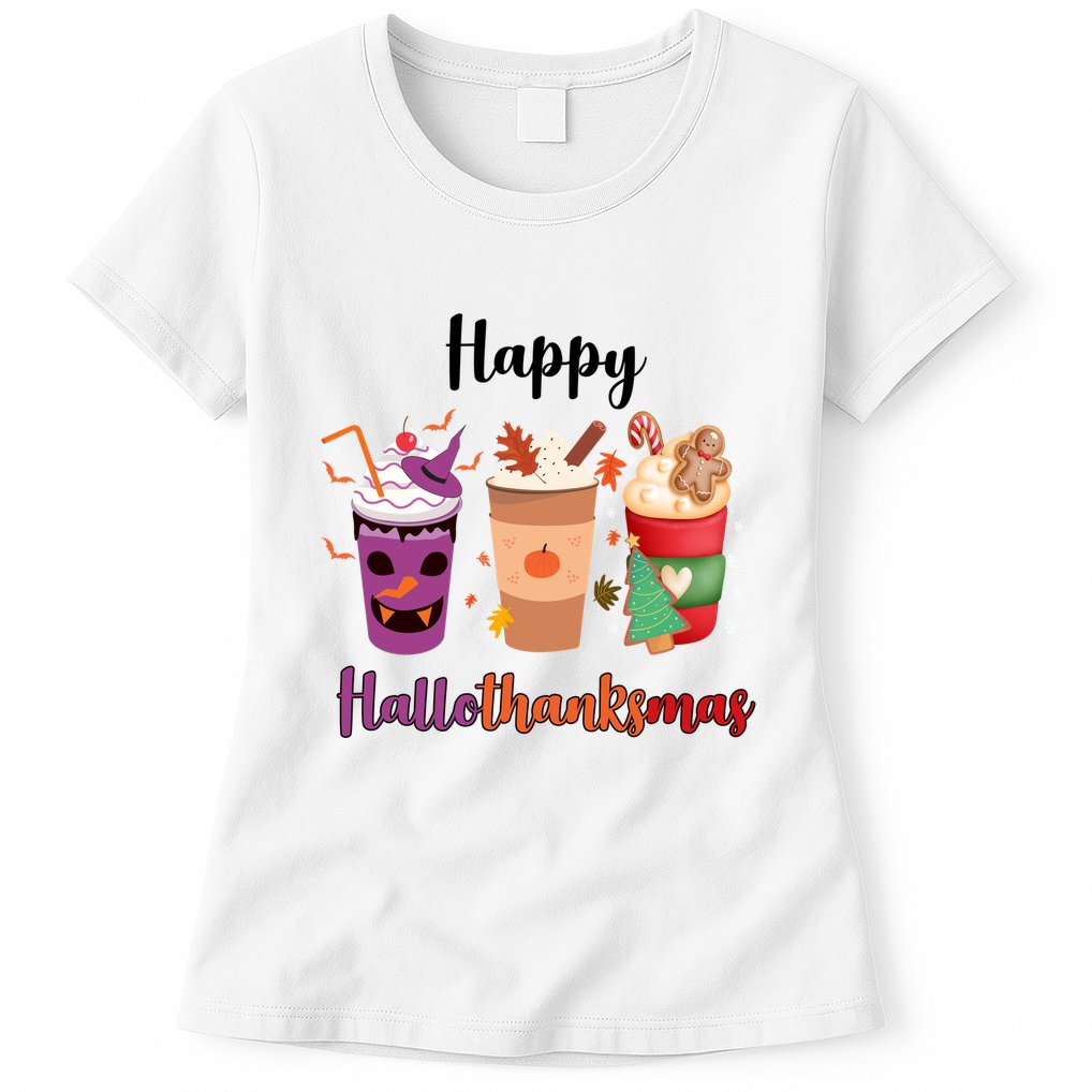 Happy Halloween Thanksgiving Christmas Coffee Lover Womens T-Shirt