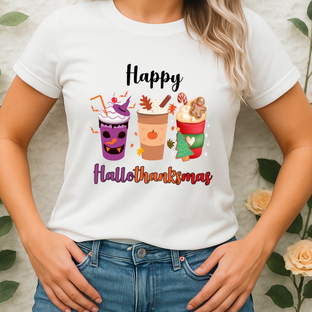 Happy Halloween Thanksgiving Christmas Coffee Lover Womens T-Shirt