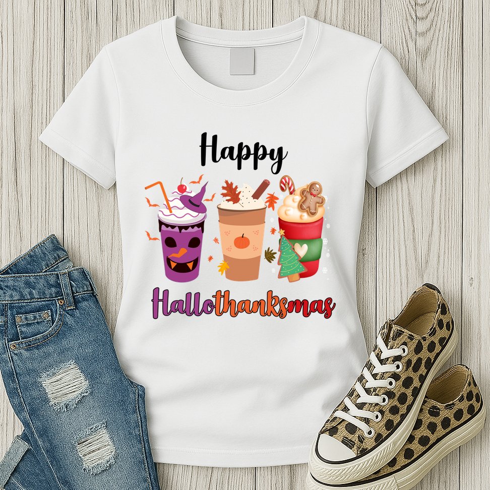 Happy Halloween Thanksgiving Christmas Coffee Lover Womens T-Shirt
