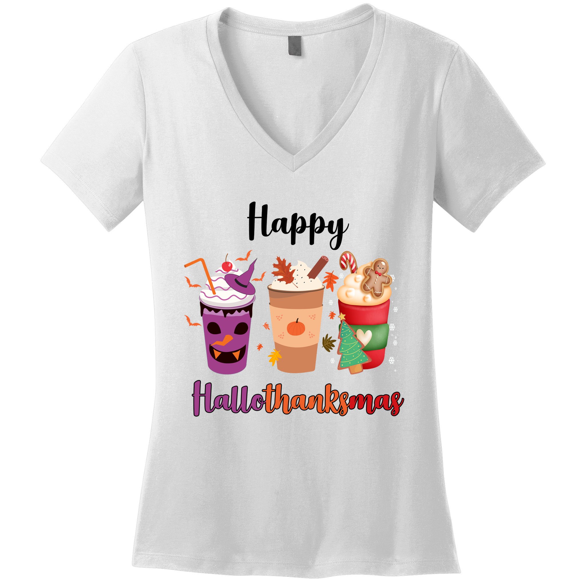 Happy Halloween Thanksgiving Christmas Coffee Lover Women's V-Neck T-Shirt