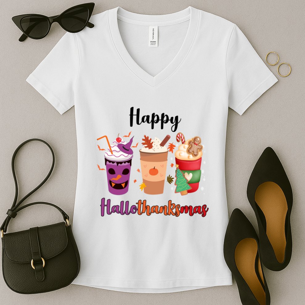 Happy Halloween Thanksgiving Christmas Coffee Lover Women's V-Neck T-Shirt
