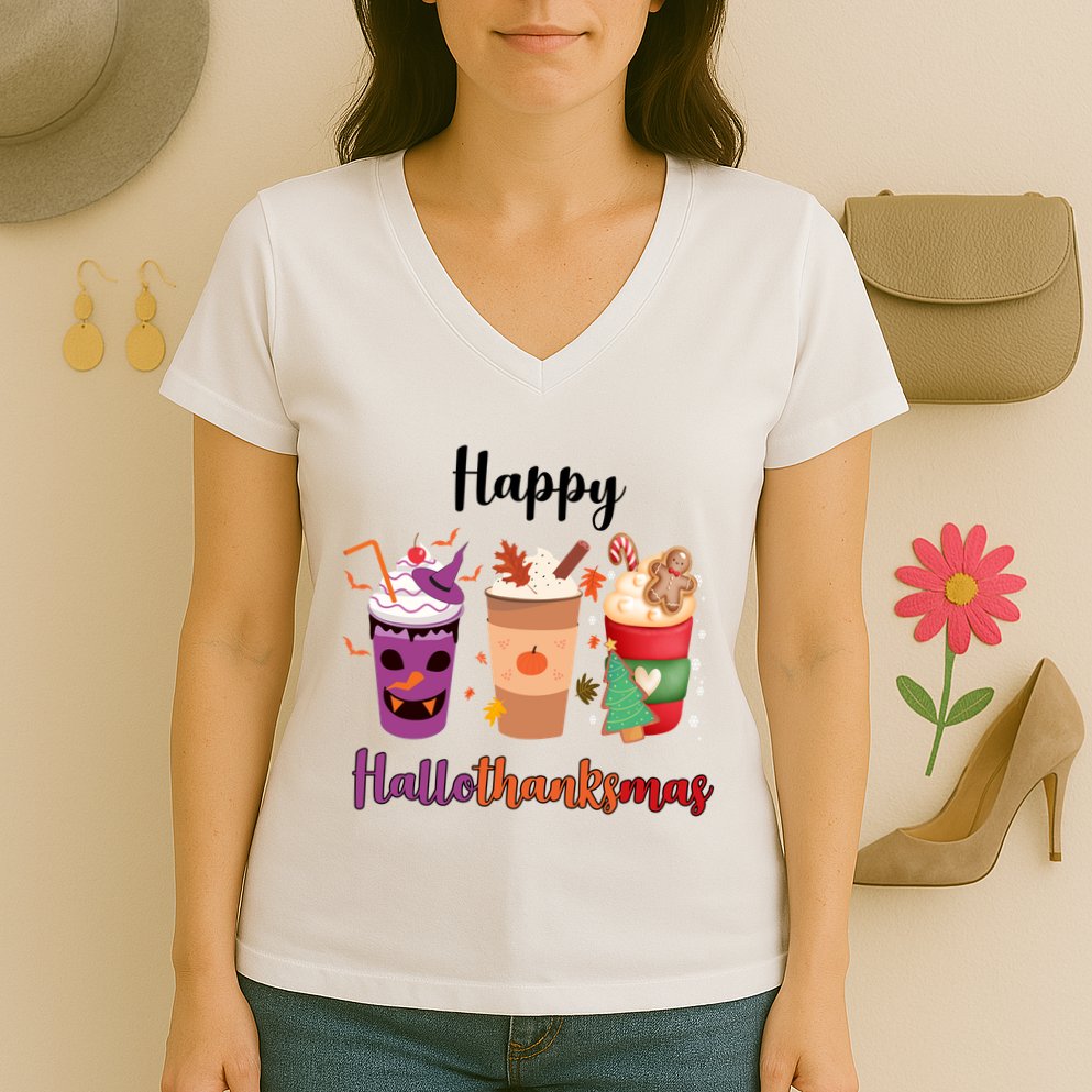 Happy Halloween Thanksgiving Christmas Coffee Lover Women's V-Neck T-Shirt
