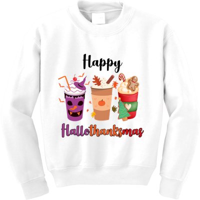 Happy Halloween Thanksgiving Christmas Coffee Lover Kids Sweatshirt