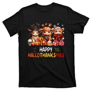 Happy Halloween Thanksgiving Christmas Highland Cow Holiday T-Shirt