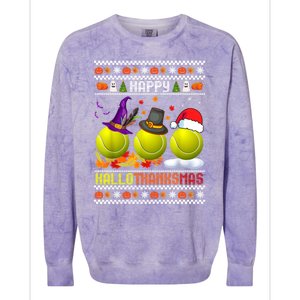 Happy Hallothanksmas Tennis Halloween Thanksgiving Xmas Gift Colorblast Crewneck Sweatshirt